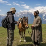 A tourist politely negotiating a fair price with a pony handler in Gulmarg meadow, Kashmir