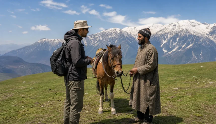 A tourist politely negotiating a fair price with a pony handler in Gulmarg meadow, Kashmir