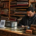 A Kashmiri handicraft shop counter with a UPI QR code next to cash, showing how payments work in Kashmir