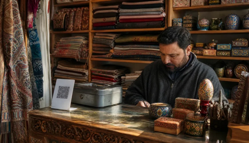 A Kashmiri handicraft shop counter with a UPI QR code next to cash, showing how payments work in Kashmir