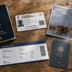 Passport, ID card, boarding pass and hotel key laid out for a Kashmir trip, the documents required for travel