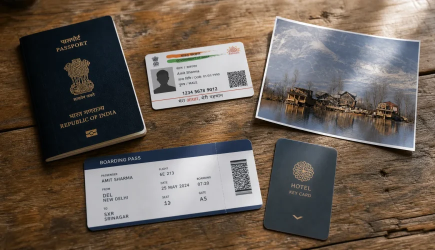 Passport, ID card, boarding pass and hotel key laid out for a Kashmir trip, the documents required for travel