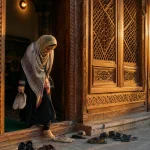 A tourist in modest dress removing her shoes before entering a Kashmiri shrine, respecting local etiquette