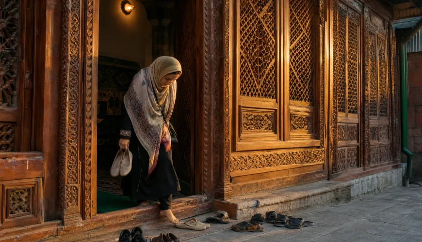 A tourist in modest dress removing her shoes before entering a Kashmiri shrine, respecting local etiquette