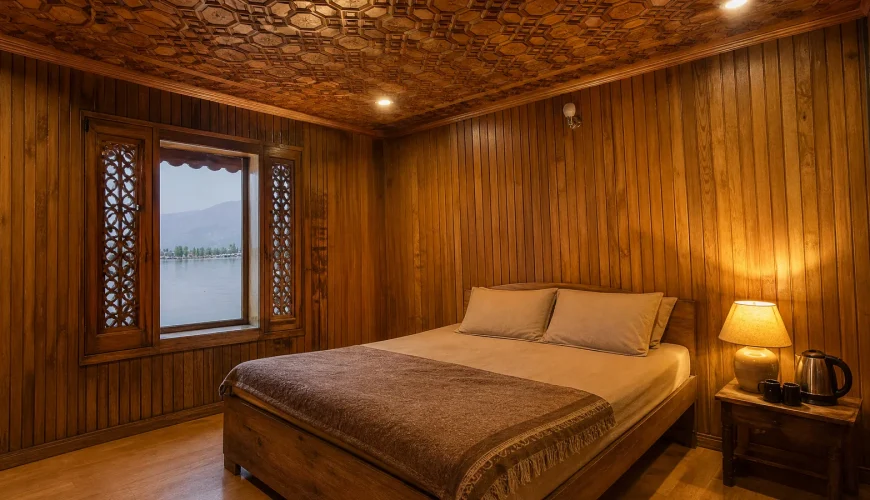 The carved wooden interior of a traditional Kashmir houseboat bedroom on Dal Lake, showing what a houseboat stay looks like