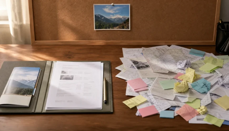 A tidy travel itinerary folder next to a messy pile of maps and notes, comparing a Kashmir tour package with planning it yourself