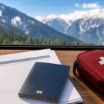 A travel insurance policy and passport by a window overlooking Kashmir mountains, for trip protection planning
