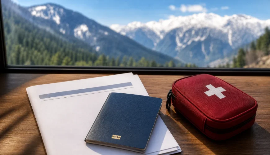 A travel insurance policy and passport by a window overlooking Kashmir mountains, for trip protection planning